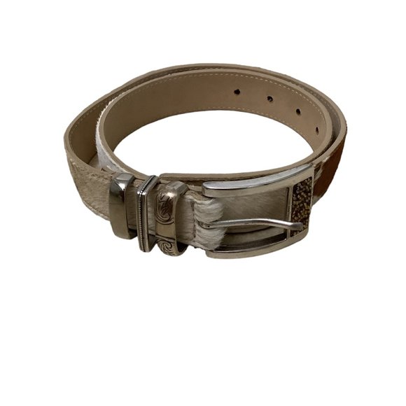 STREETS AHEAD Brown & White Leather & Calf Hair Siler Buckle Belt-Size Medium main image 12